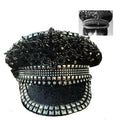Ecowalson Fashion Women Bride Hat Black Sequin Burning Bridal Captain Sergeant Hat Luxury Rhinestone Festival Birthday