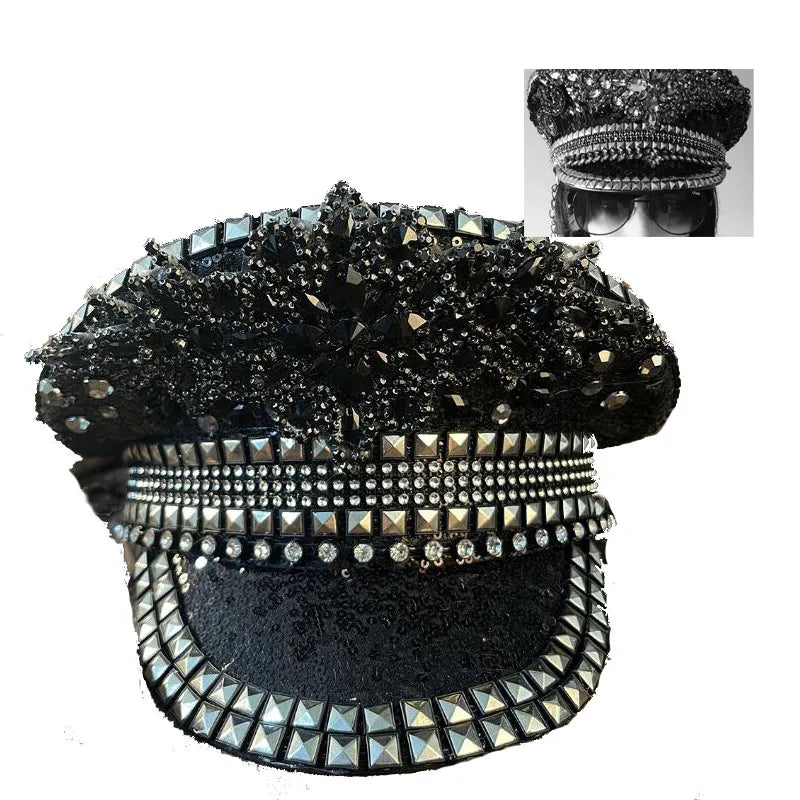 Ecowalson Fashion Women Bride Hat Black Sequin Burning Bridal Captain Sergeant Hat Luxury Rhinestone Festival Birthday