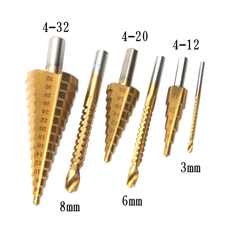 6pcs 4-12/4-20/4-32 mm HSS Straight Step Drill Bit Titanium Coated Wood Metal Hole Cutter Core Cone Drilling Tools Set
