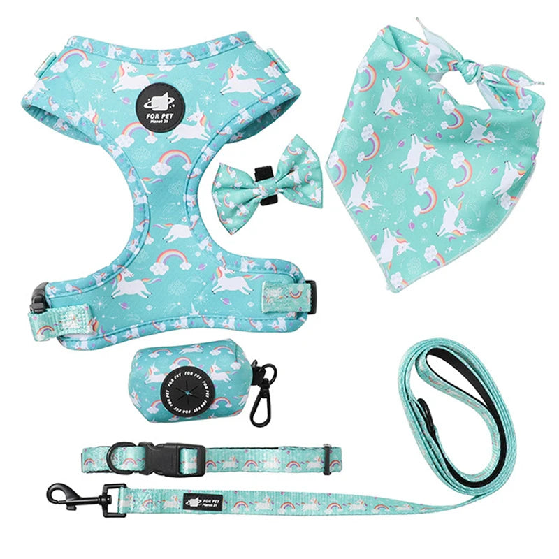 Custom Printing Pet Harness Set Luxury Breathable Neoprene No Pull Puppy Dog Harness Vest and Leash Designer Pet Accessories