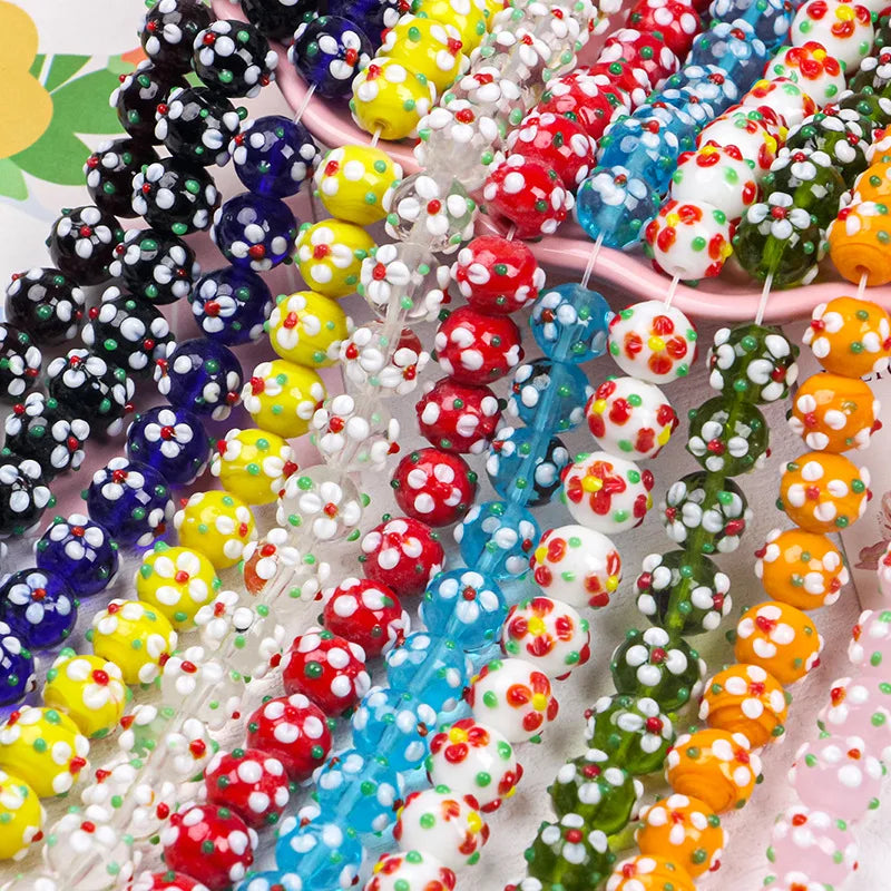 11*13mm Hand-painted Flower Straight Hole Glass Round Beads DIY Handmade
