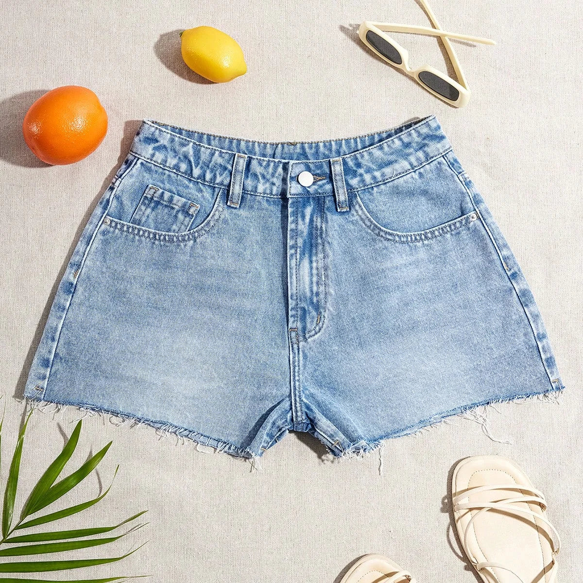 Women's High Waist Casual Blue Denim Shorts with Straight Style Breathable Summer Fashion for Women