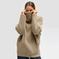 Women's Oversized Turtleneck Merino Wool Knit Pullover Chunky Winter Sweater with Button Decor Casual Front Logo