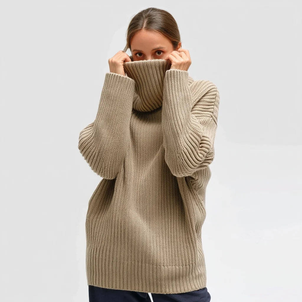 Women's Oversized Turtleneck Merino Wool Knit Pullover Chunky Winter Sweater with Button Decor Casual Front Logo