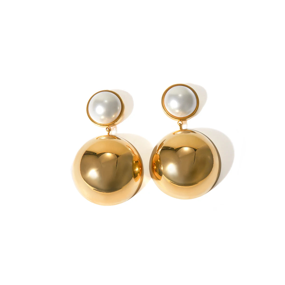 J&D Pearl Hemisphere Drop Earrings 18K PVD Gold Plated Earrings Stainless Steel Fashion Earrings for Women