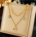 Stainless Steel Multi-layers Round Diamond Tree of Life Turquoise Pendant Necklace for Women Green Stone Choker Chains Jewelry