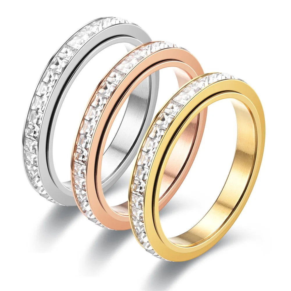 Trendy a Small square Diamond Set With Diamond Circle and a Small Pressure Reduction Rotating Ring Stainless Steel Rings