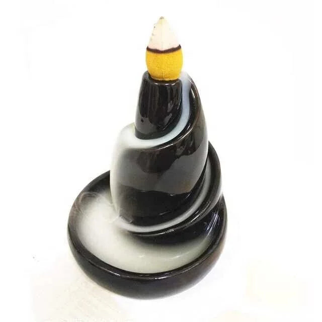 7.5x7.5x8.5cm Low MOQ Sandalwood Cheap Small Cone Holder Hot Selling Black Ceramic Backflow Incense burner Waterfall Censer