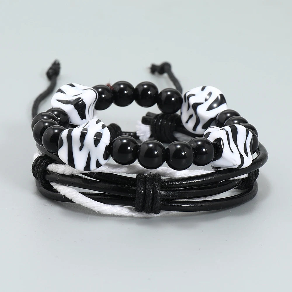 New Arrival Men's Fashion Bracelet Handmade Black and White Woven Genuine Leather Bangle Jewelry Accessory
