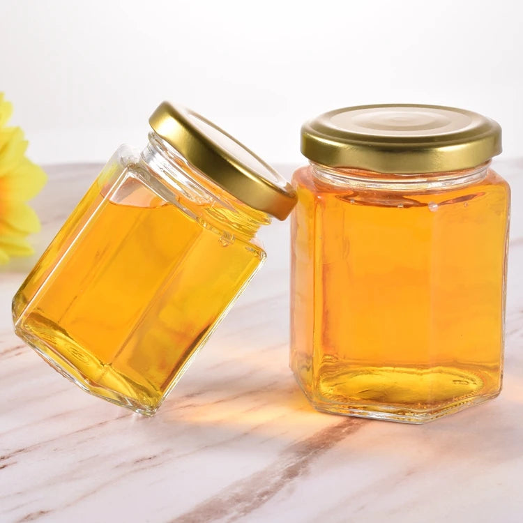 1.5 oz Airtight Hexagon Mini Glass Jar with Metal Iron Top Lids Clear Frutta Del Prato Jam Jar 30ml Candy Honey Jars