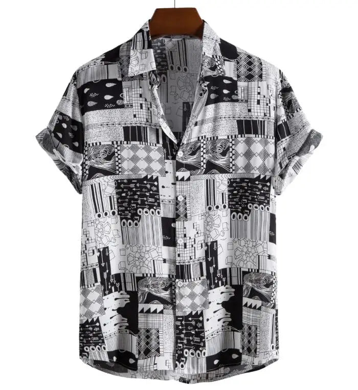 Men's Hawaiian Short Sleeve Printed Shirt Comfortable Cotton Shirt Men's Holiday Printed Shirt Size 2XL