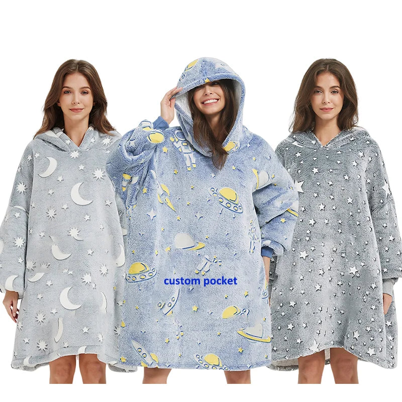Custom All Over Printed Solid Much Size Oversized Christmas Pajamas Flannel Fleece Blanket Hoodies