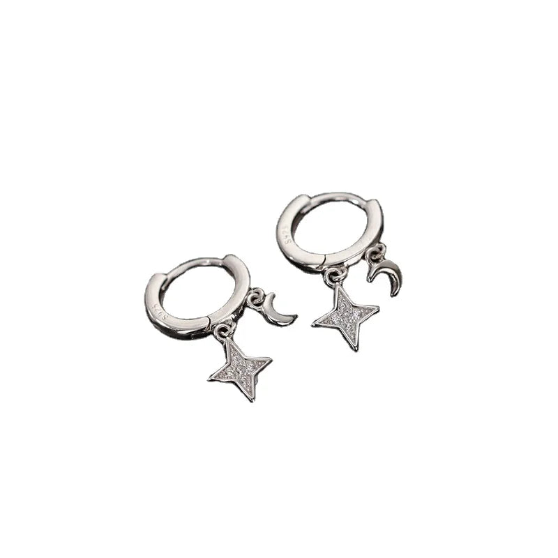 Factory Wholesale 925 Silver Star Moon Zircon Hoop Earring Cute Style Dangle Hoop for Women for Wedding Anniversary Party Gift