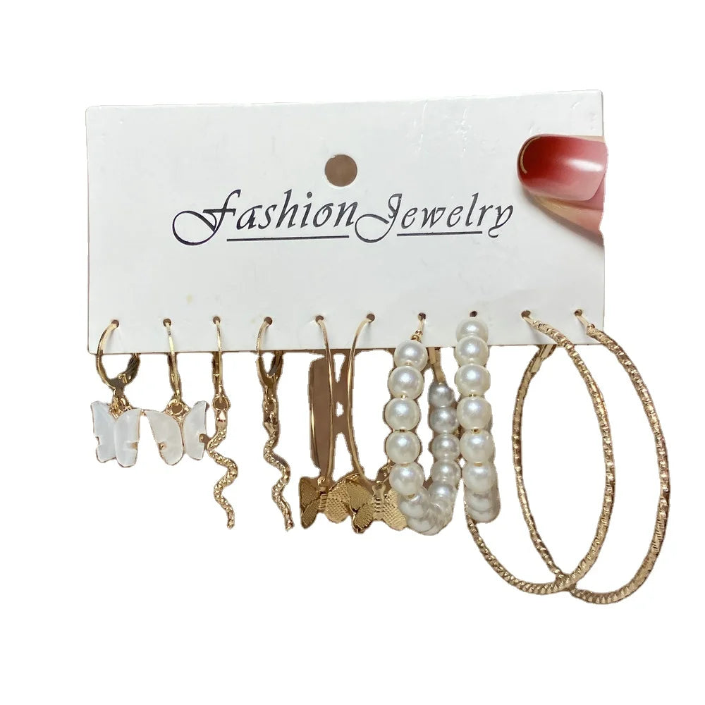 Women's Fashion Earrings Set 5 Pcs Creative Acrylic Butterfly Earrings Snake Pearl Hoop Earrings