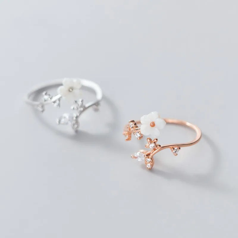 925 Sterling Silver Shell Flower Shape Adjustable Open Finger Zircon Leaf Rings Fashion Jewelry for Women