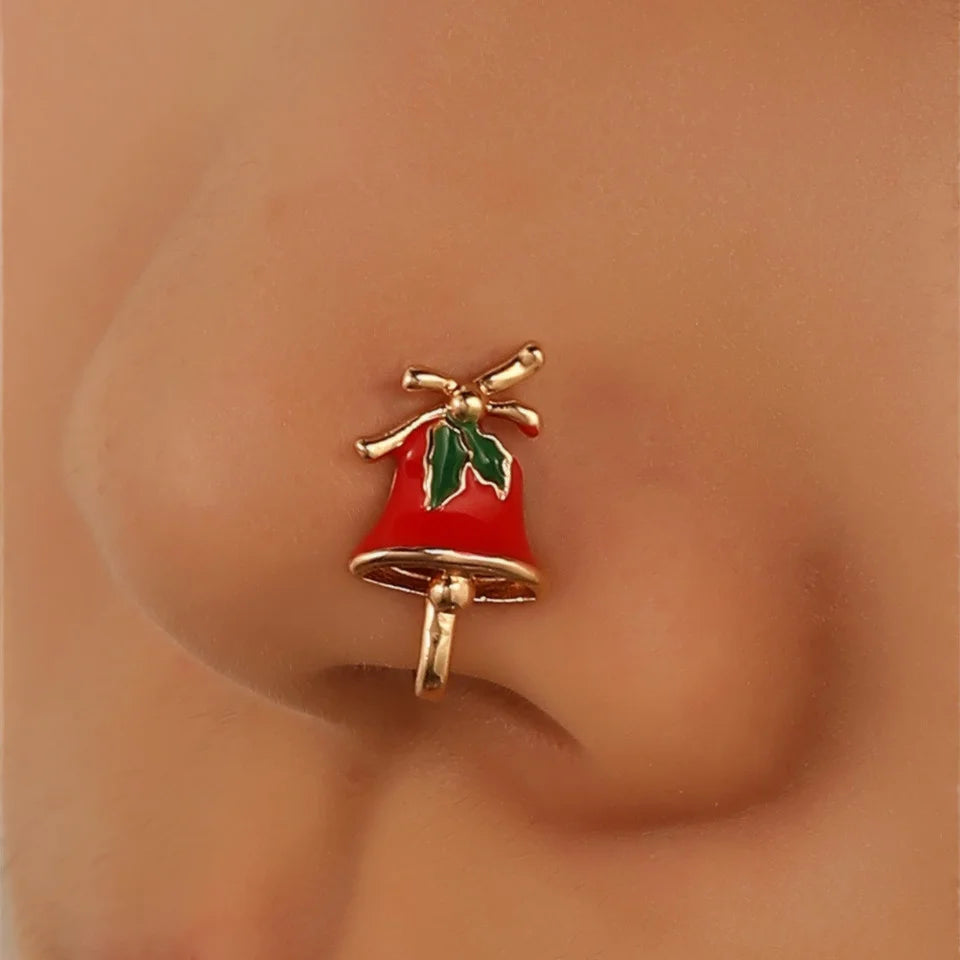 Rinhoo 1Pc Christmas Clip on Nose Ring Deer Bells Nose Piercing Clip on Cross Nose Cuff Jewelry Faux Piercing Gifts