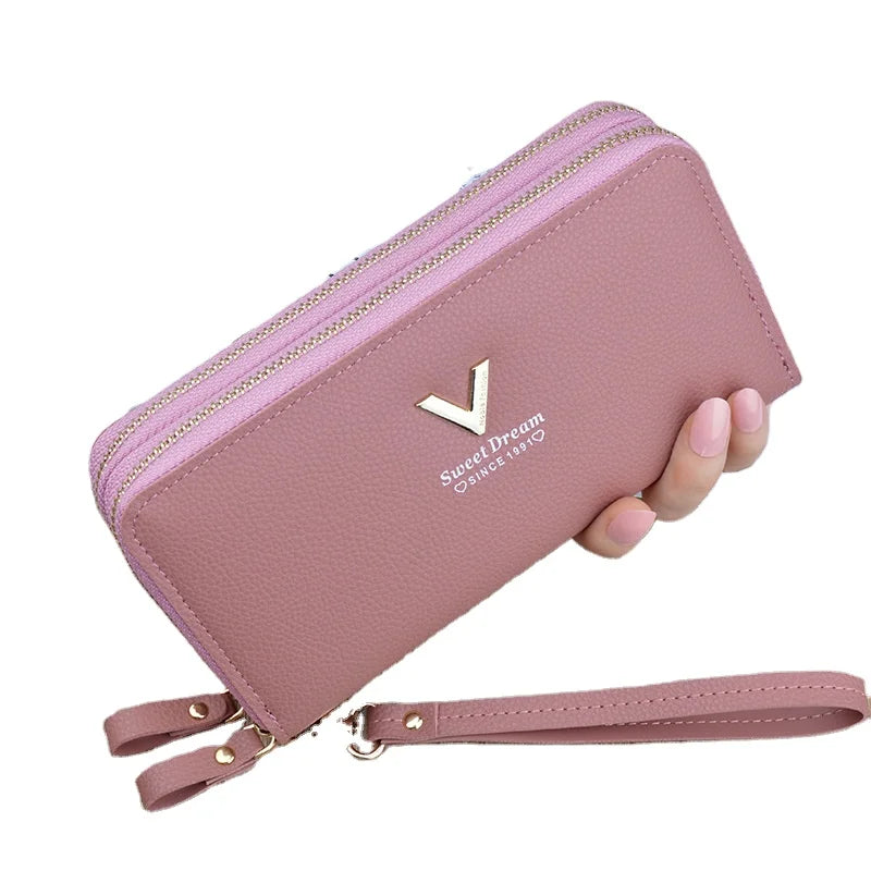 New Style Fashion Classic PU Leather Double Zipper V Letter Long Phone WalletLady Large Capacity Multi-function Bag Wholesale