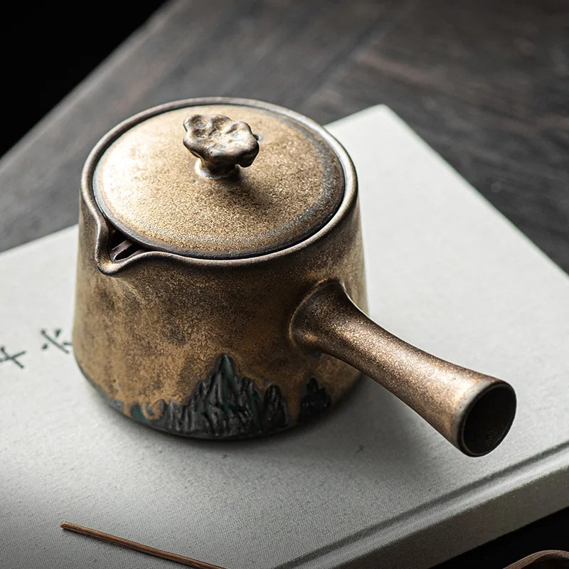 Japanese Retro Office Kung Fu Tea Kett Gilt Kiln Transformed Ceramic Filter Teapot Home Single Pot Stoneware with Side Handle