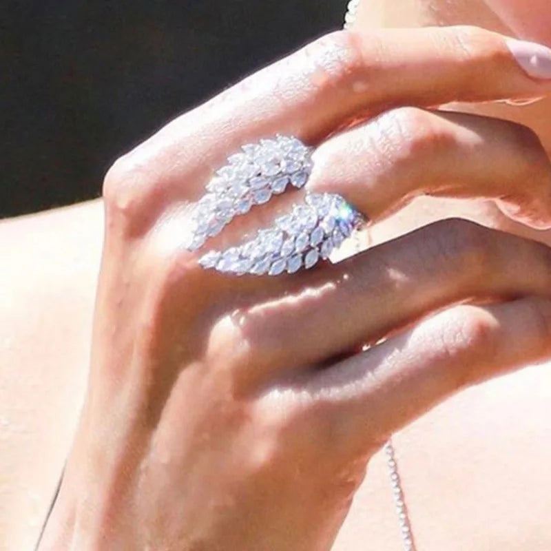 Hollow Butterfly Open Zircon Women Rings Angel Wing Feather Adjustable Engagement Ring