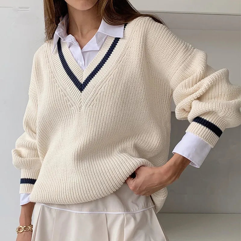Factory Preppy Style Fall Winter Casual V Neck Women's Pullover Sweaters Knitted Loose Plus Size Women Sweater Knit Tops