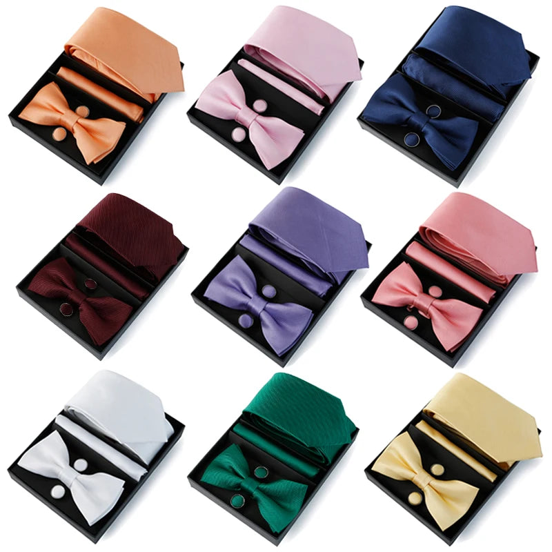 Shengzhou Manufacture Men's Necktie Bowtie Set Gift Box and Pocket Square Cufflinks for Wedding Striped Tie Business Cravat Suit