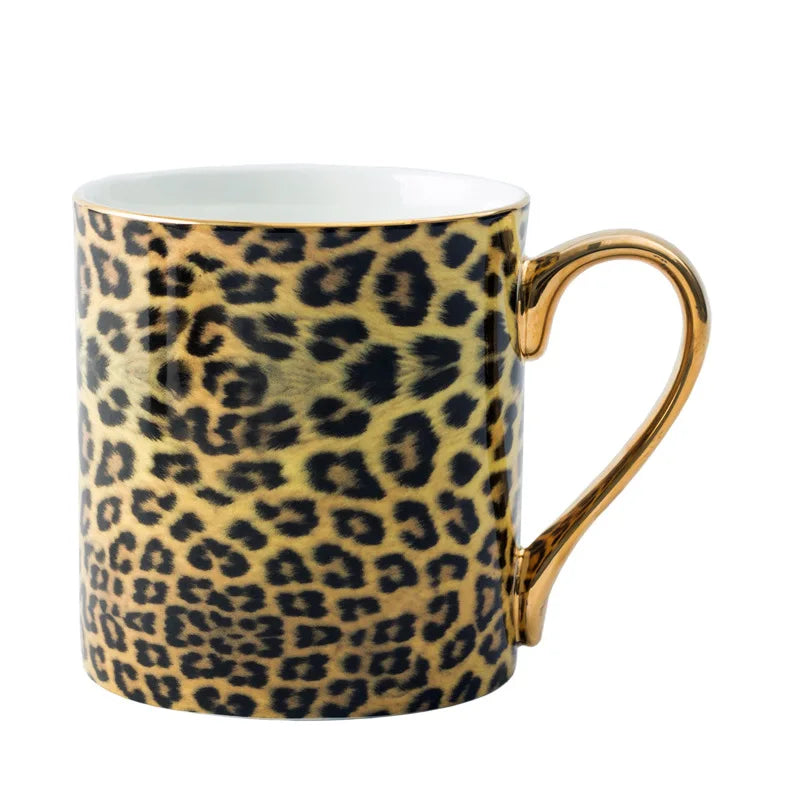 Solhui Vintage Bone China Mugs with Spoon High End Leopard Printed Coffee Milk Water Mug with Gold Handle Wholesale