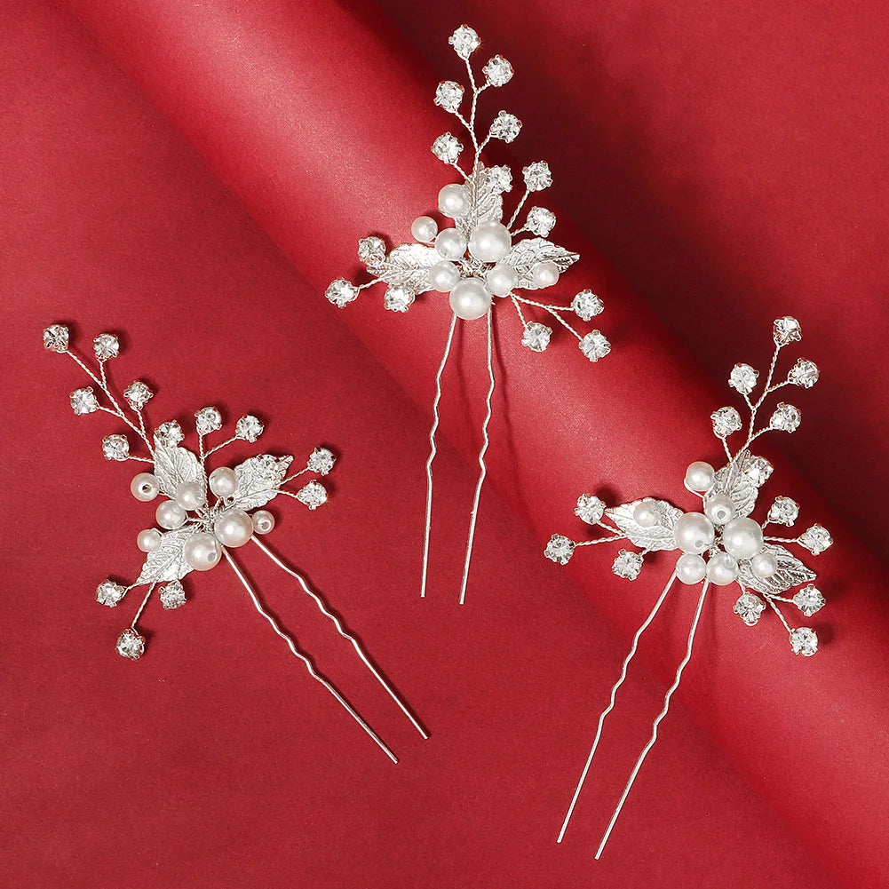 New Pearl Rhinestone Metal Leaf Hair Accessories Bridal Hair Fork Styling Pins Wedding Girls U Shaped Hairpins