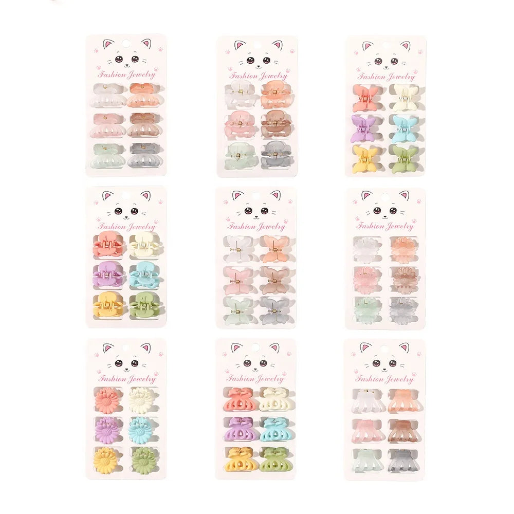 MIO New Fashion Hair Claw Clips 6 Pcs Mini Colorful butterfly Flower Frosted clear Plastic Hair Claws Sets for Kids Girls