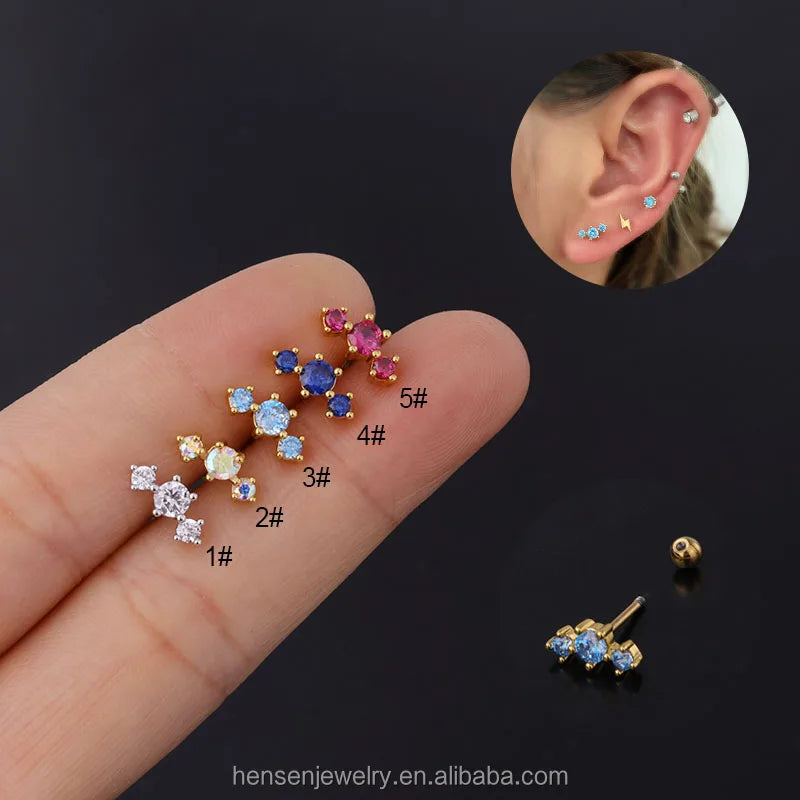 20g Stainless Steel Classic Tri Color Blue Pink Aquamarine AB Crystal CZ Stud Earrings Cartilage Helix Tragus Conch Auricle