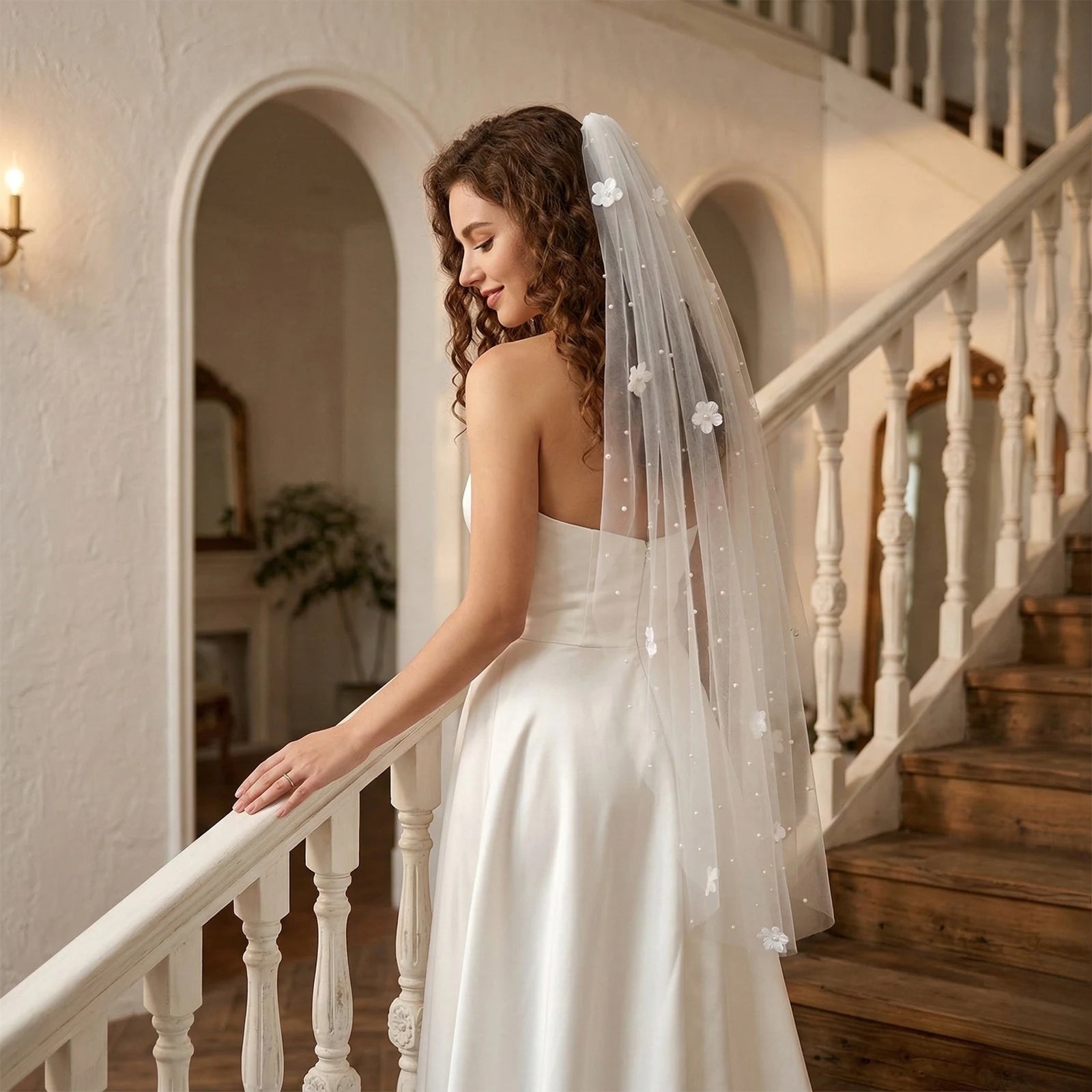 YouLaPan V193-S Hot Selling Fashion Pearl Flower Veil Fingertip Length White Ivory Cream Single Layer Bridal Veil