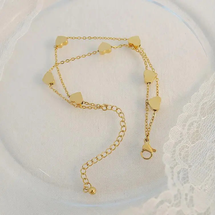 Elegant Girls Women Heart Double Layer Korean 18k Gold love Stainless Steel Charm Bracelet Pulsera De Acero Inoxidable