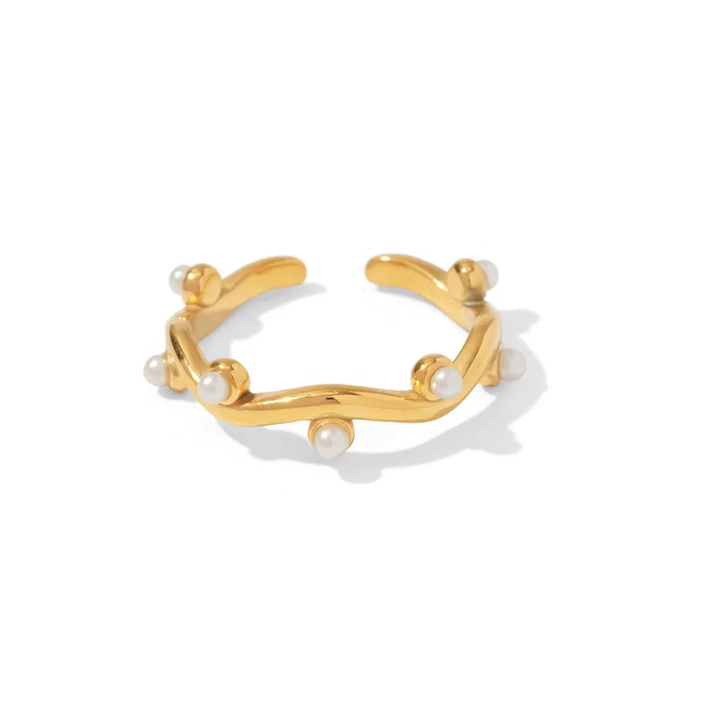 18K Gold Plated Stainless Steel Irregular Water Wave White Pearl Leaf Branch  Stacking Rings
