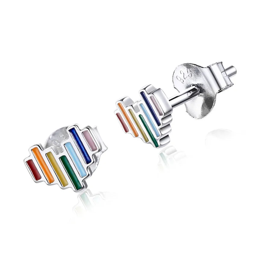 New Arrival Fashion Silver Jewelry Earring 925 Silver Rainbow Heart Stud Enamel Earrings