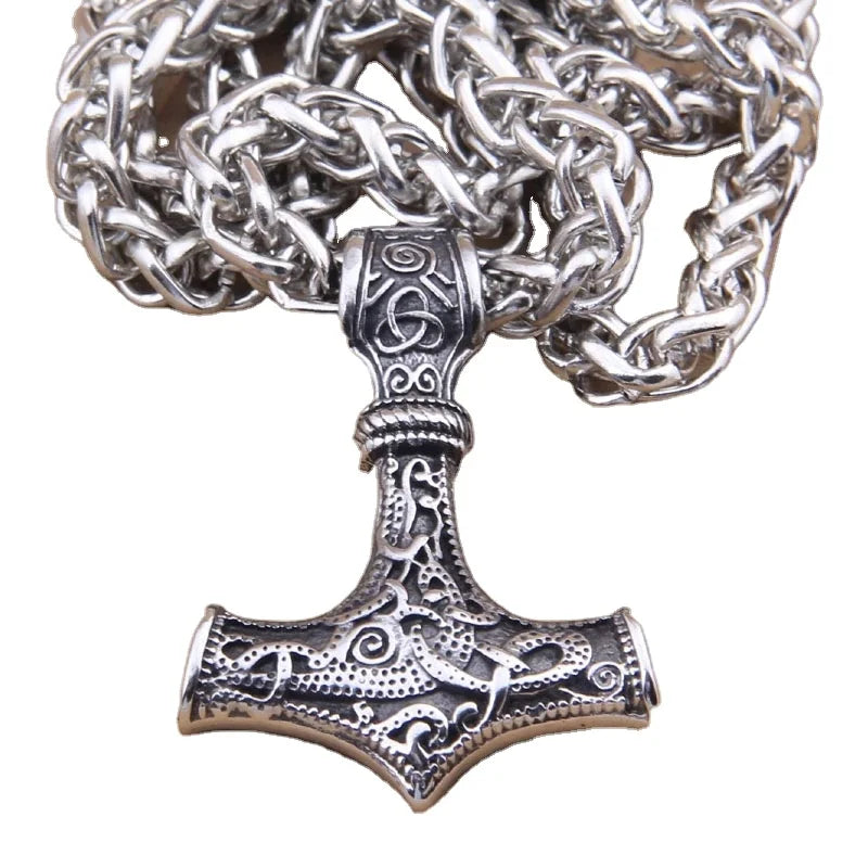 316L Wolf Thor Hammer Necklace Mjolnir Viking Amulet Hammer Pendant Nordic Jewelry with Stainless Steel Chain