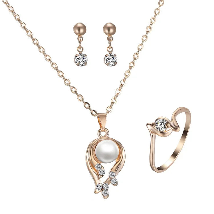 Fashion Wedding Jewelry Sets Fashion Alloy Gold Plated Heart Love Jewelry Set Rhinestone Pearl Necklace Earrings Set for Women