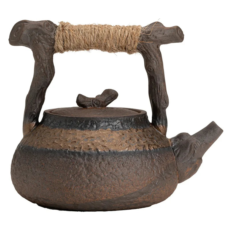 Hemp Rope Handle Dried Wood Loop-handled Teapot Japanese Gilding Iron Glaze Stoneware  Teakettle Small Size Tea Making Device