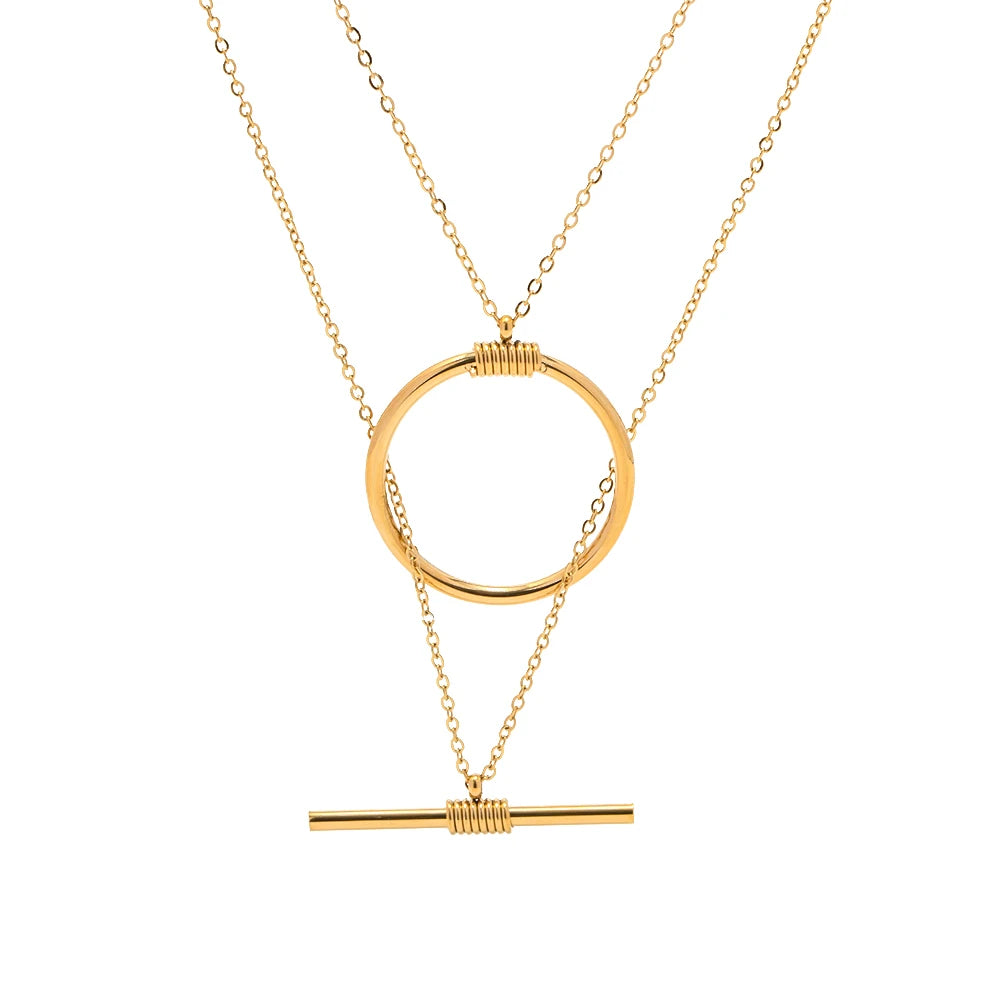 New Arrival Stainless Steel Ring bar 18K Gold Plated  Two Layer  Necklace for Women Girls