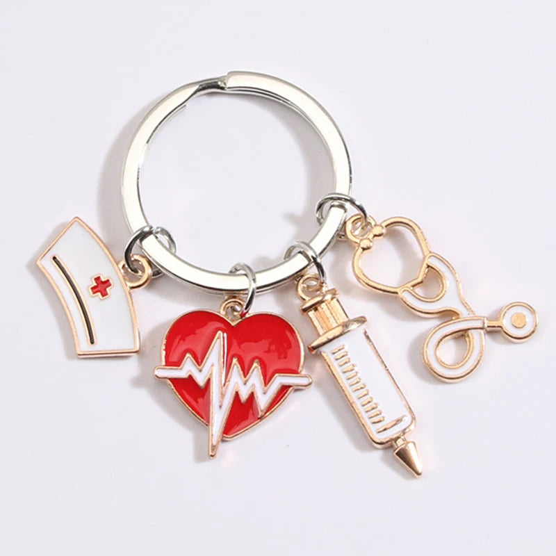100 Models Nurse Key Ring Ambulance Paramedic Gift for Doctor Cap Heart Beat Stethoscope Pendant Bag Accessories Key Chain