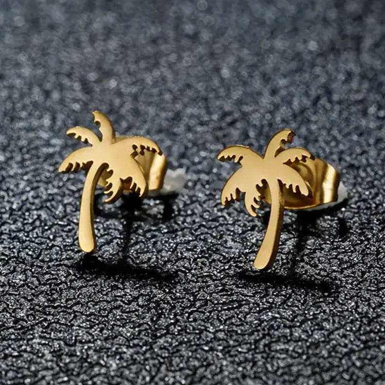 Trendy Non Tarnish 18K Gold Silver Plated Stainless Steel Women Girls Small Coconut Palm Tree Stud Earrings Jewelry