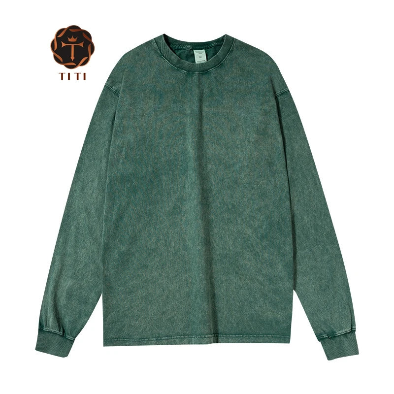 2025 Wholesale Men's 100% Cotton Heavyweight T-Shirts Custom Crew Neck Oversized Long Sleeve Acid Washed Knitted Customizable