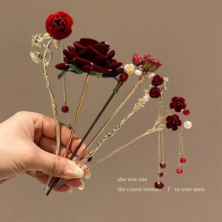 Vintage Rose Flower Tassel Hair Sticks Hairwear for Women Flower Black Red Hairpins Hair Chopsticks Disk Hairsticks Jewelry
