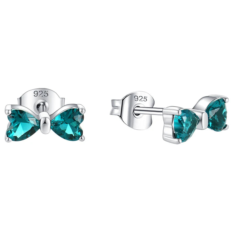 YILUN 925 Sterling Silver Bow Stud Earrings Rhodium Plated Teal Cubic Zirconia Bowknot Stud Earrings for Women & Girls