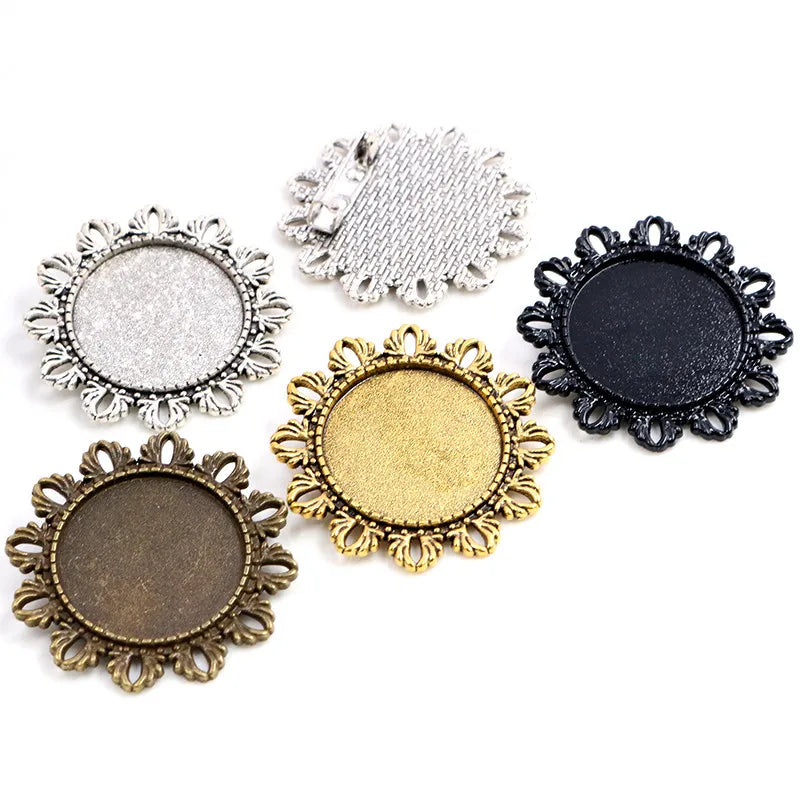 25mm Inner Size Multi-Colors Plated Flower Floral Brooch Pins Cameo Cabochon Blank Base Setting Charm Pendant Trays