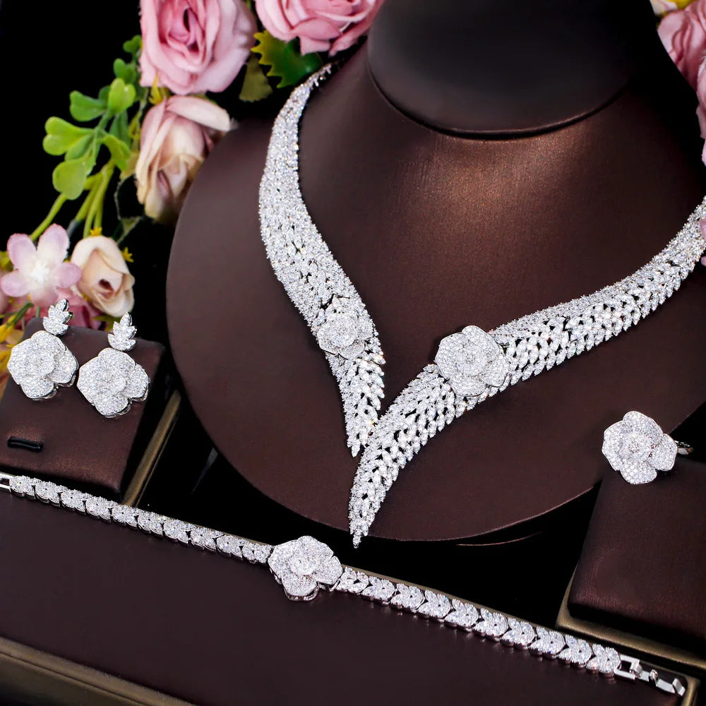 4 Piece White Gold Plated Flower Cubic Zirconia Necklace Earring Engagement Wedding Bridal Women Luxury Jewelry Set for Brides