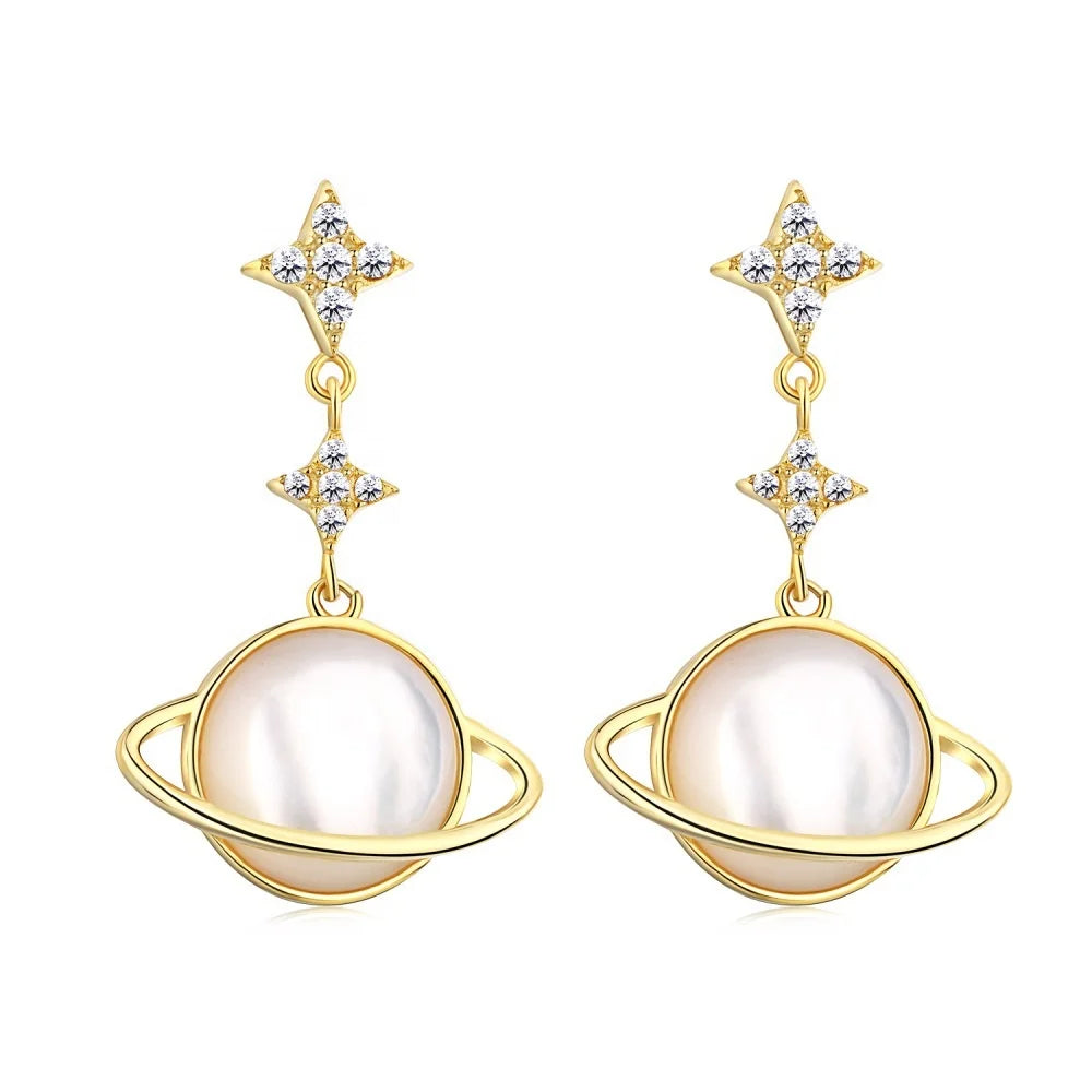 New Trendy 925 Sterling Silver Earrings Cubic Zirconia Star Saturn Pendant Earrings for Women Girls Jewelry Gift