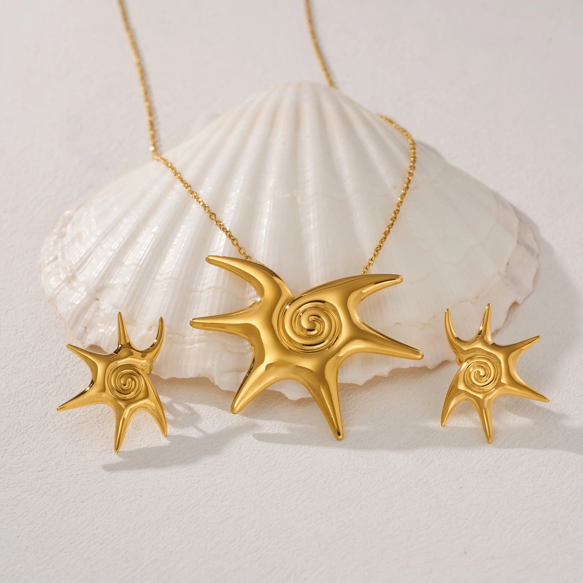 NEW VINTAGE BAROQUE AEGEAN ITALIAN STARFISH NECKLACE EARRINGS SET Dazan  HOT 18k Gold Plated Stainless Steel Lady Bikini Jewelry