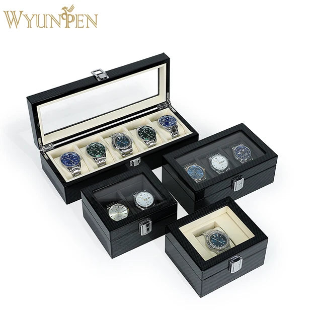 WYP Wholesale High-Gloss Black Carbon Fiber Watch Display Cases 1-5 Slot Square Storage Boxes for Watch Stores