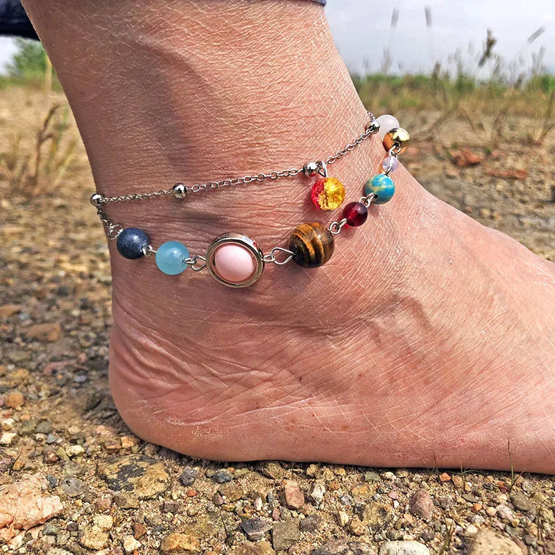 Creative Universe Eight Planets Anklet Adjustable Solar System Cosmic Galaxy Natural Stone Beaded Anklet