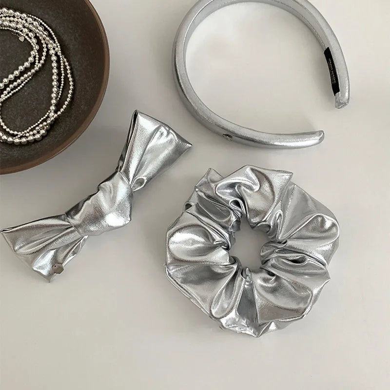 Small Silver Color Hair Clip Female Summer New Large Hairband Silvery Color Scrunchies