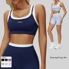 Women's Soft Contrast Color Sports Bra Ribbed Extended Hem Yoga Tops With Removable Pad U-neck Yoga Bra for Yoga & Running